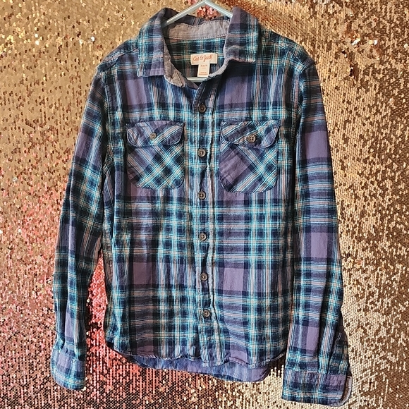 Cat & Jack Light Blue, Navy, and Orange Plaid Shirt - Picture 1 of 3